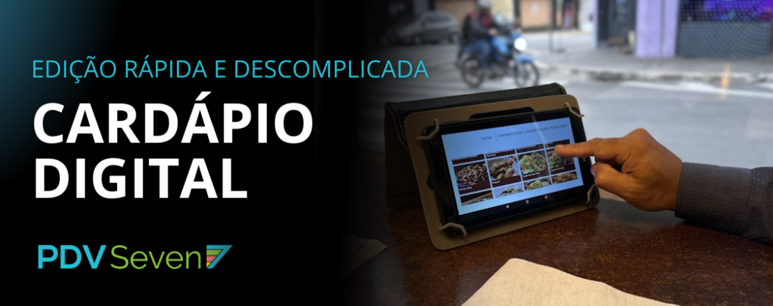 Pessoa utilizando um tablet com cardápio digital PDVSeven em um restaurante.