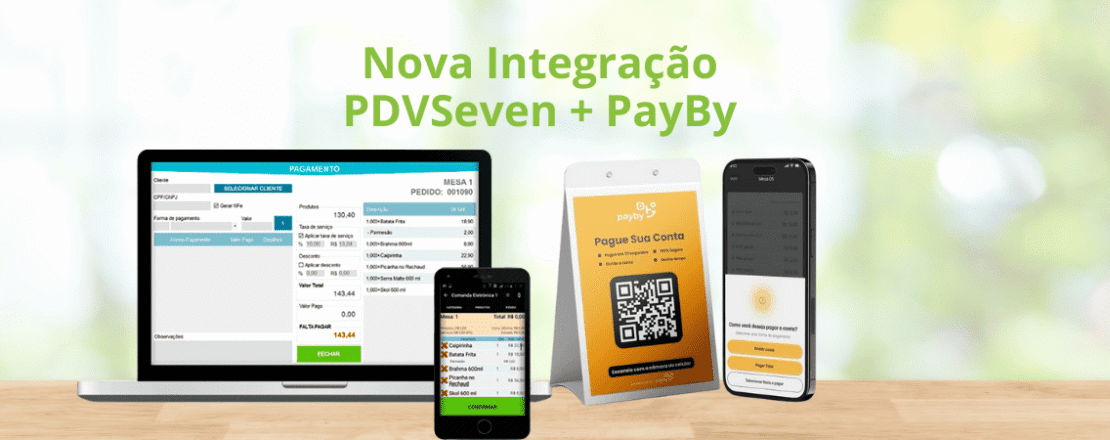 Pagamento via integração PDVSeven PayBy com celular e sistema PDV em restaurante
