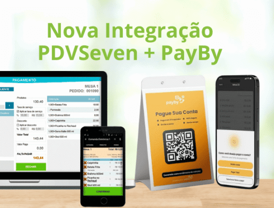 Pagamento via integração PDVSeven PayBy com celular e sistema PDV em restaurante