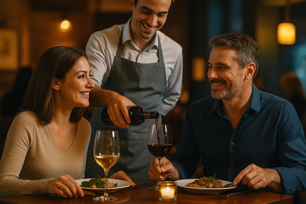 Casal jantando em restaurante com garçom servindo vinho, representando a experiência humana no atendimento